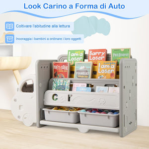 Scaffale per Giocattoli e Libri per Bambini, Libreria a Forma di Auto con 3 Ripiani 2 Scatole, Organizzatore Salvaspazio per Camera Stanza dei Giochi Asilo