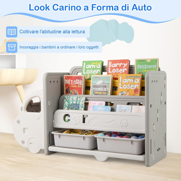 Scaffale per Giocattoli e Libri per Bambini, Libreria a Forma di Auto con 3 Ripiani 2 Scatole, Organizzatore Salvaspazio per Camera Stanza dei Giochi Asilo