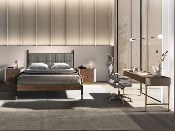 Comodino noce, beige, acciaio lucido dorato e piano in noce