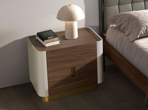Comodino noce, beige, acciaio lucido dorato e piano in noce