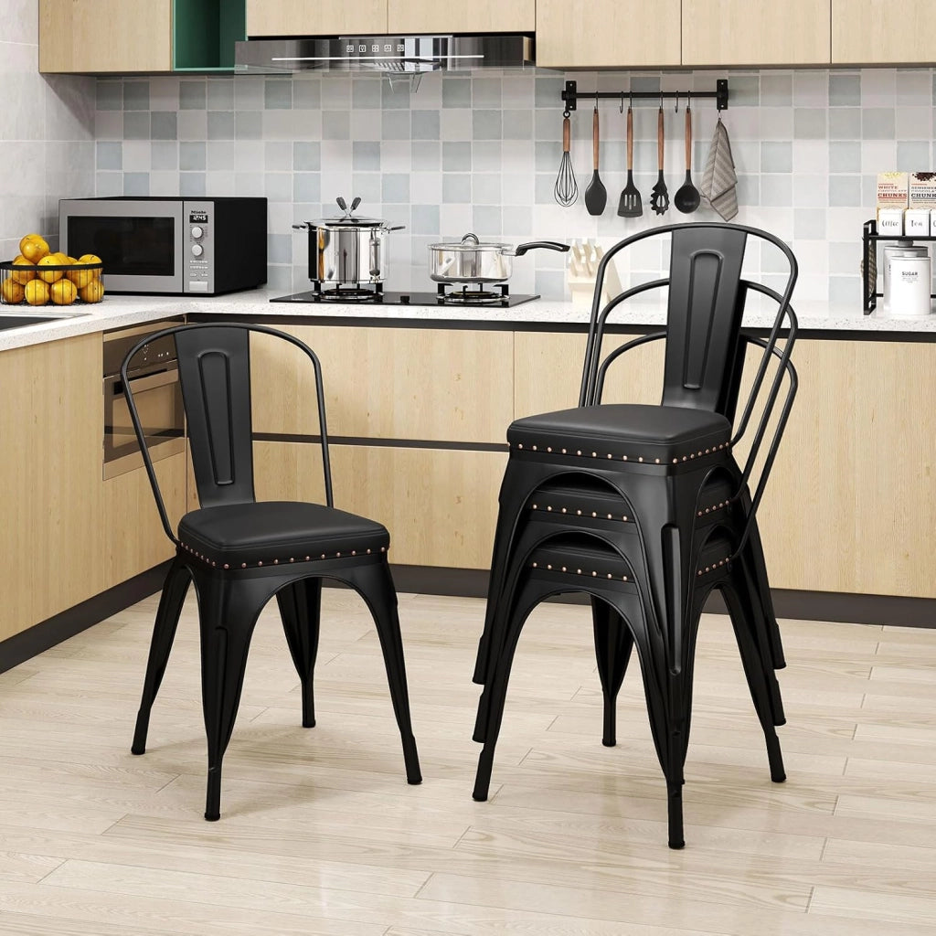 4 Sgabelli Cucina 53 x 44 x 84 cm, Sedie Impilabili con Schienali Rimovibili e Sedile Imbottito in Finta Pelle, Sgabelli in Metallo per Ristorante, Bistro e Bar (Nero)