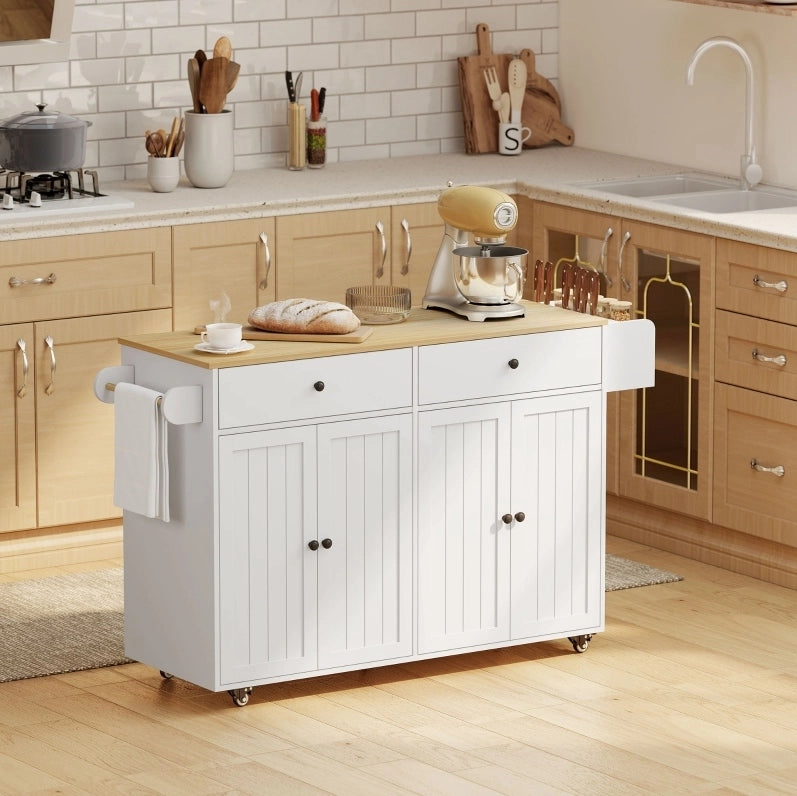Isola cucina mobile bianca con 2 cassetti e 2 ante