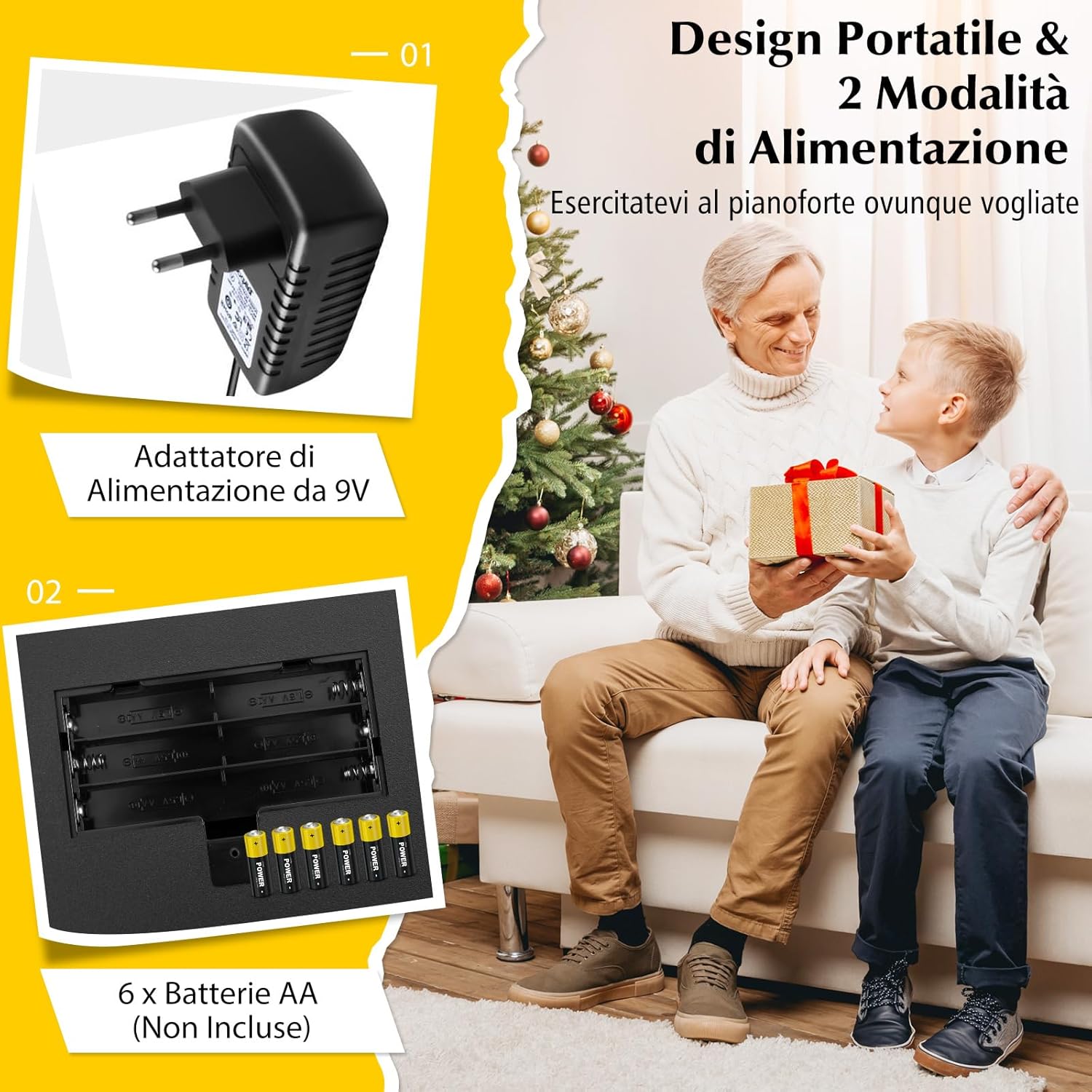 Pianoforte con Tastiera a 61 Tasti, Tastiera Digitale per Principianti con Microfono e Leggio, Pianola Elettrica con 300 Ritmi, 300 Timbri, 50 Canzoni Demo e 3 Modalità di Insegnamento