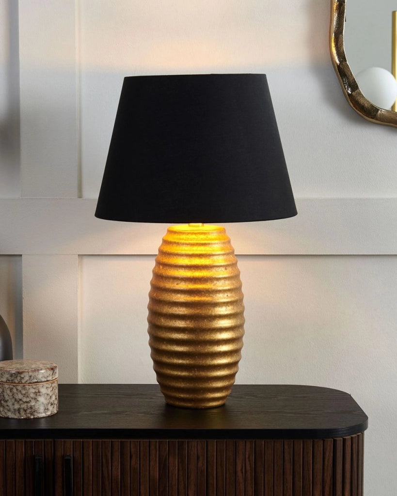 Lampada da tavolo Lampada da comodino con paralume in tessuto Nero con base in ceramica dorata