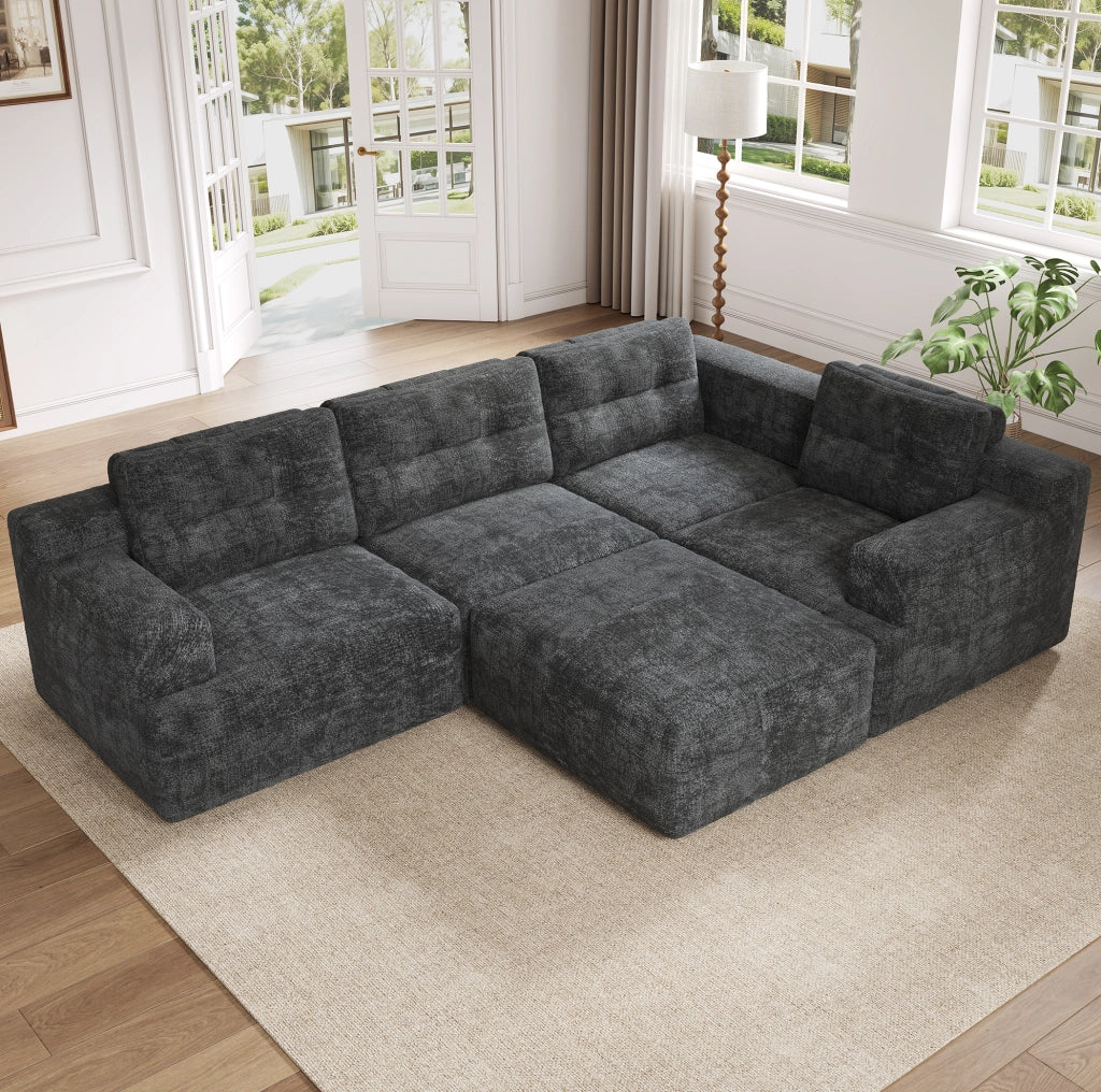Divano modulare 5-6 posti in ciniglia grigio con pouf