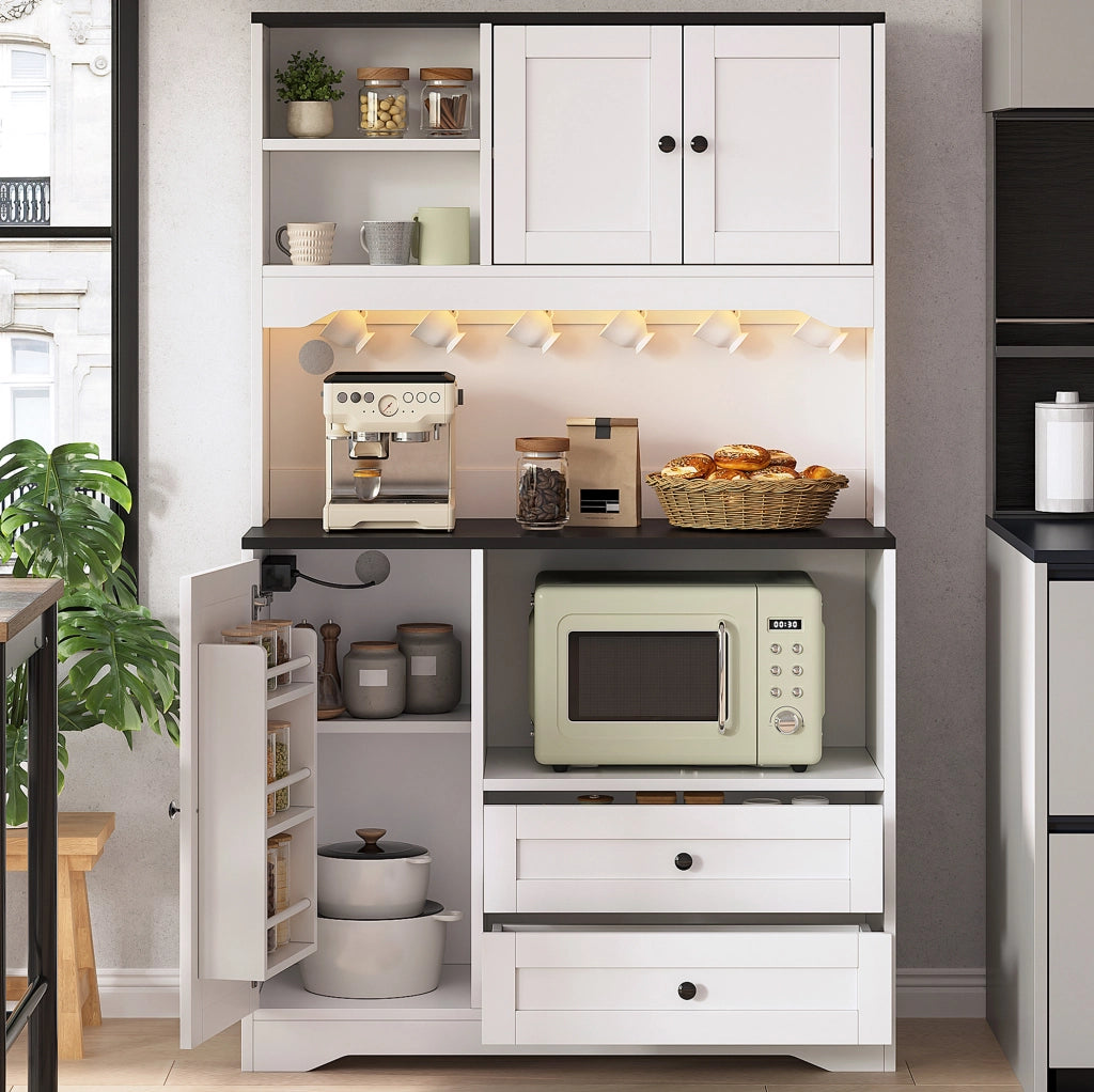 Credenza cucina multifunzione 100x40x163 cm con LED; prese USB; bianco