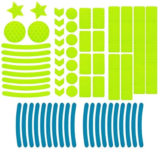 Tape di sicurezza riflettente 62 pezzi - Strisce riflettenti idrorepellenti - Strisce riflettenti autoadesive - Migliorata visibilità - Materiale resistente agli urti - Tecnologia di riflessione a prisma - Etichette riflettenti