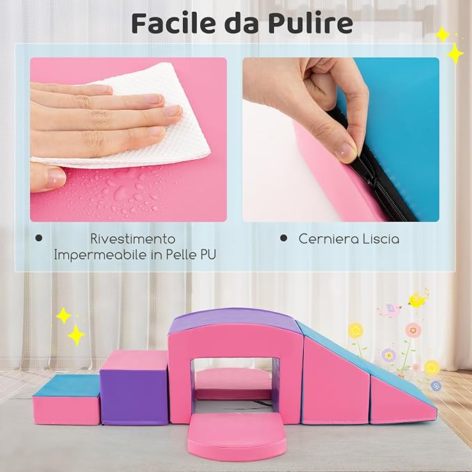 6 Blocchi di Schiuma per Arrampicata, Gioco Morbido per Bambini, Set di Costruzioni Colorate per Arrampicarsi e Strisciare con Tunnel, Scale e Rampetta per Bambini 12 Mesi + (Viola)