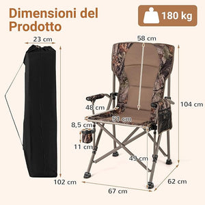 Sedia Pieghevole da Campeggio, Sedia Mare Spiaggia con Portabicchieri e Tasca in Rete, Piedini Regolabili e Borsa di Trasporto, Portata 180 kg, per Pesca, Picinic e Caccia