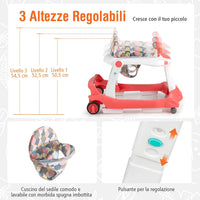Girello per bambini 2 in 1, Girello con Altezza e Velocità Regolabili, Carillon con Luci e Cuscino Comodo, Primi Passi per Bambini 6-18 Mesi, Capacità di carico: 15 kg (Arancia)