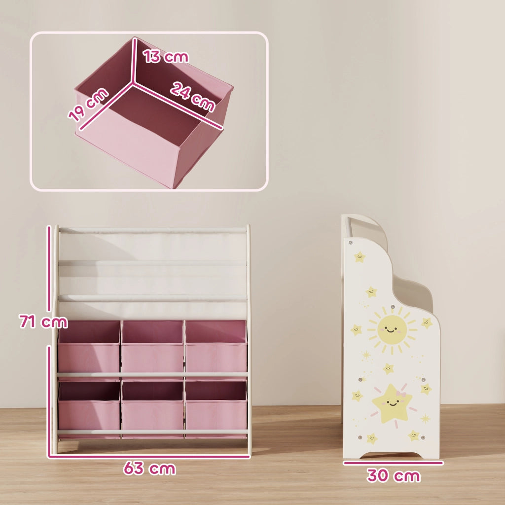 Scaffale Portagiochi per Bambini 63x30x71 cm con 6 Cassetti in Tessuto e Libreria a 2 Livelli in Legno e Acciaio Rosa