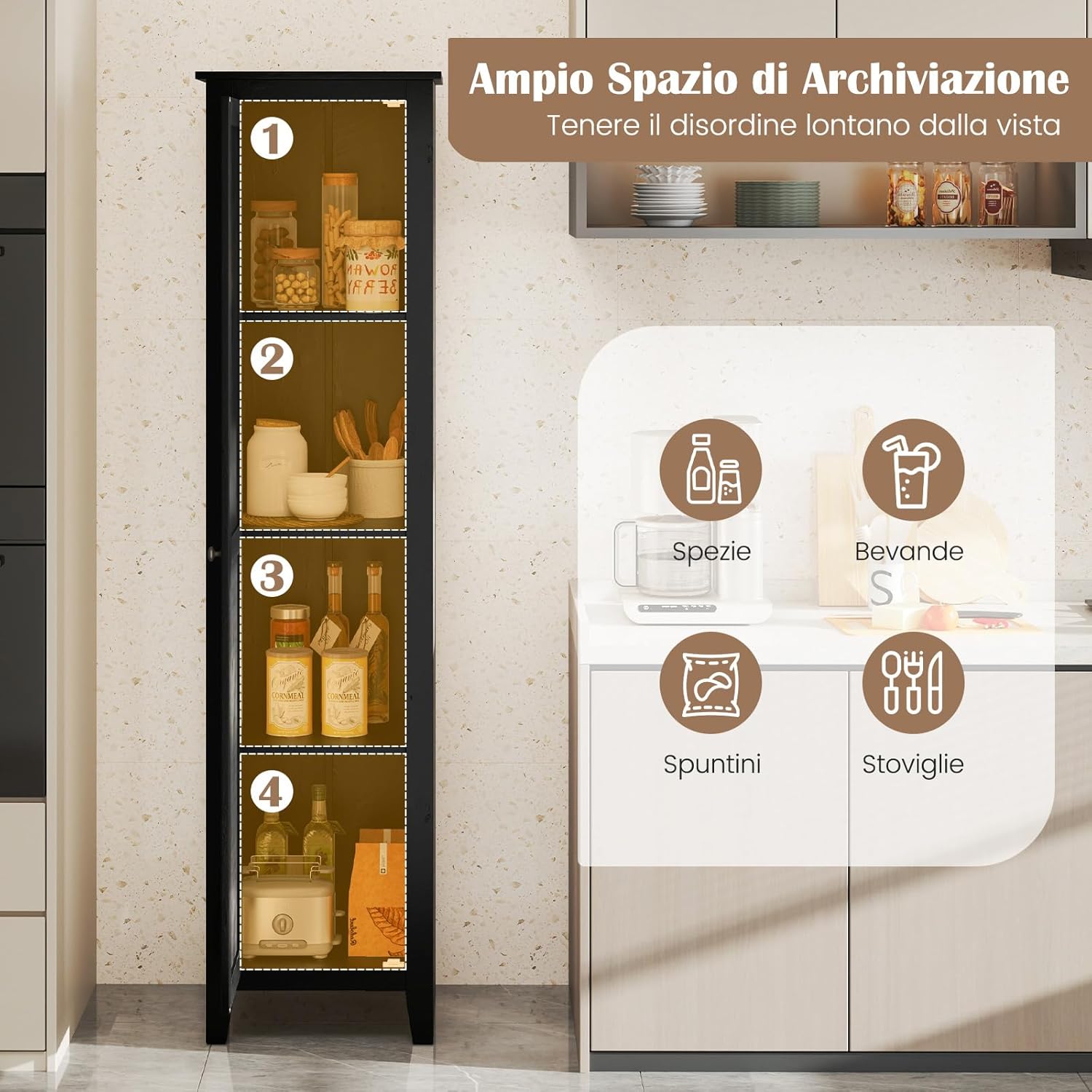 Mobile Bagno 43 x 39,5 x 183 cm, Colonna Bagno con Ante e 4 Ripiani, Armadietto Salvaspazio Alto a Colonna in MDF, per Soggiorno, Cucina e Ufficio (Nero)