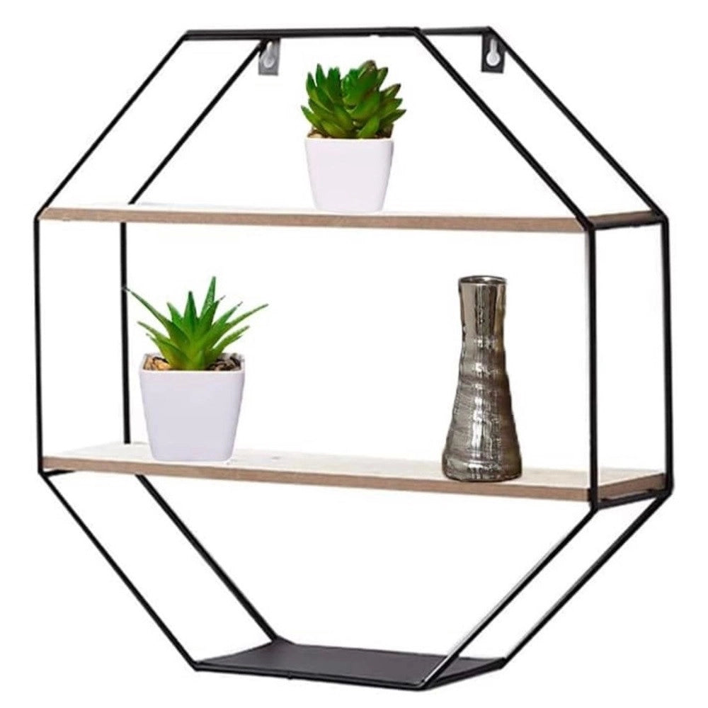 Trade Shop - Mensola Da Parete Ottagonale In Ferro Legno Sospesa Con 2 Ripiani Design Industriale -