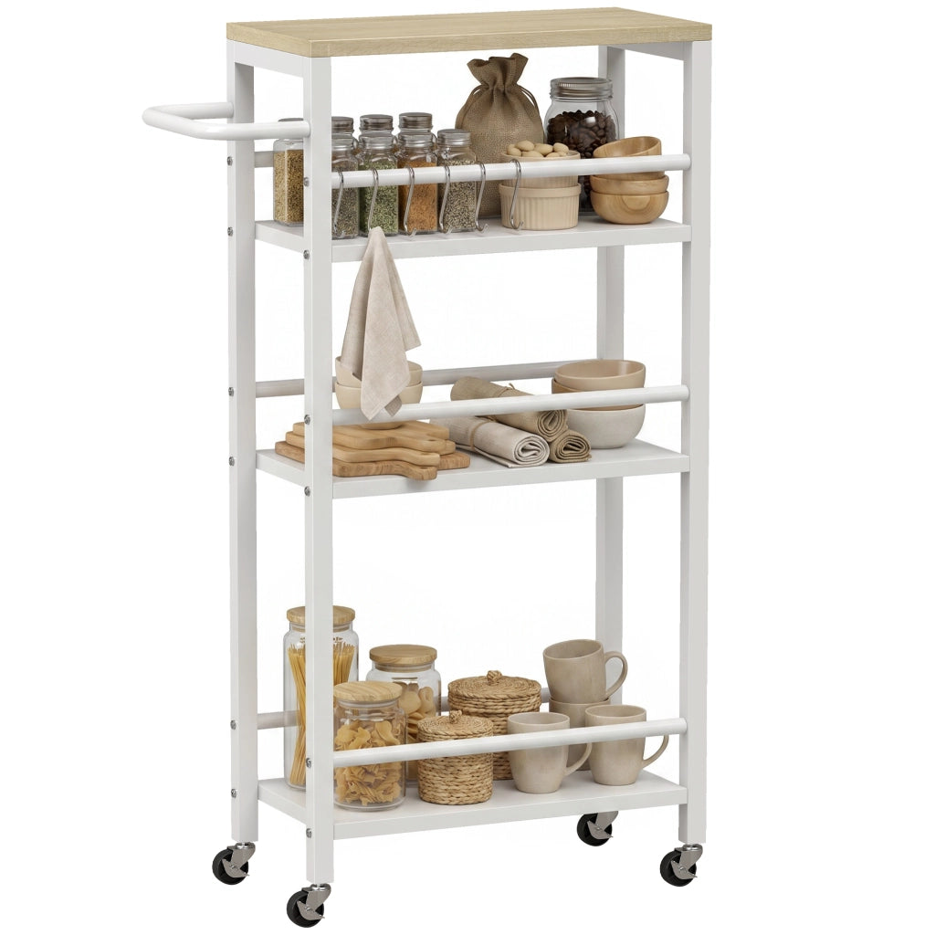 Carrello da cucina 4 livelli con porta asciugamani e 6 ganci ¨C Minimal ¨C 50x20x81 cm, quercia