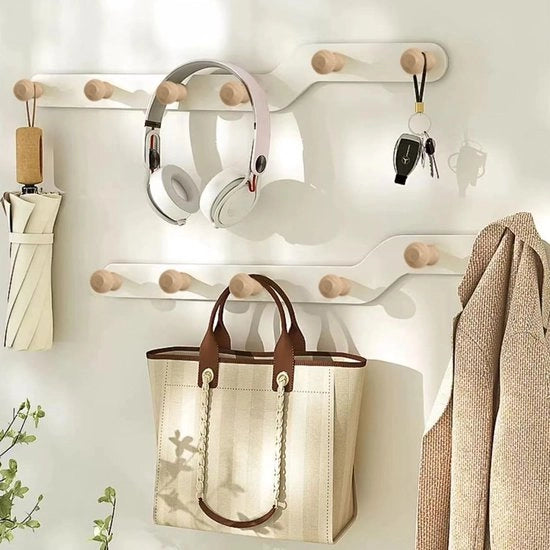 Supporto per parete in legno con 6 ganci - progettato per la durata - spazievitore - stile - adatto per soggiorno/cucina/camera da letto/bagno - chiodo per parete