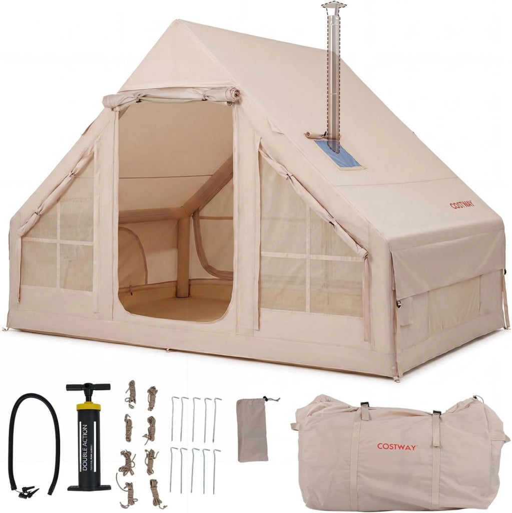 Tenda da Campeggio Gonfiabile, Tenda da Esterno in Tessuto Oxford Impermeabile con Porte, Finestre, Apertura del Camino, Pompa e Borsa da Trasport per 4 Persone, per Viaggi e Escursionie