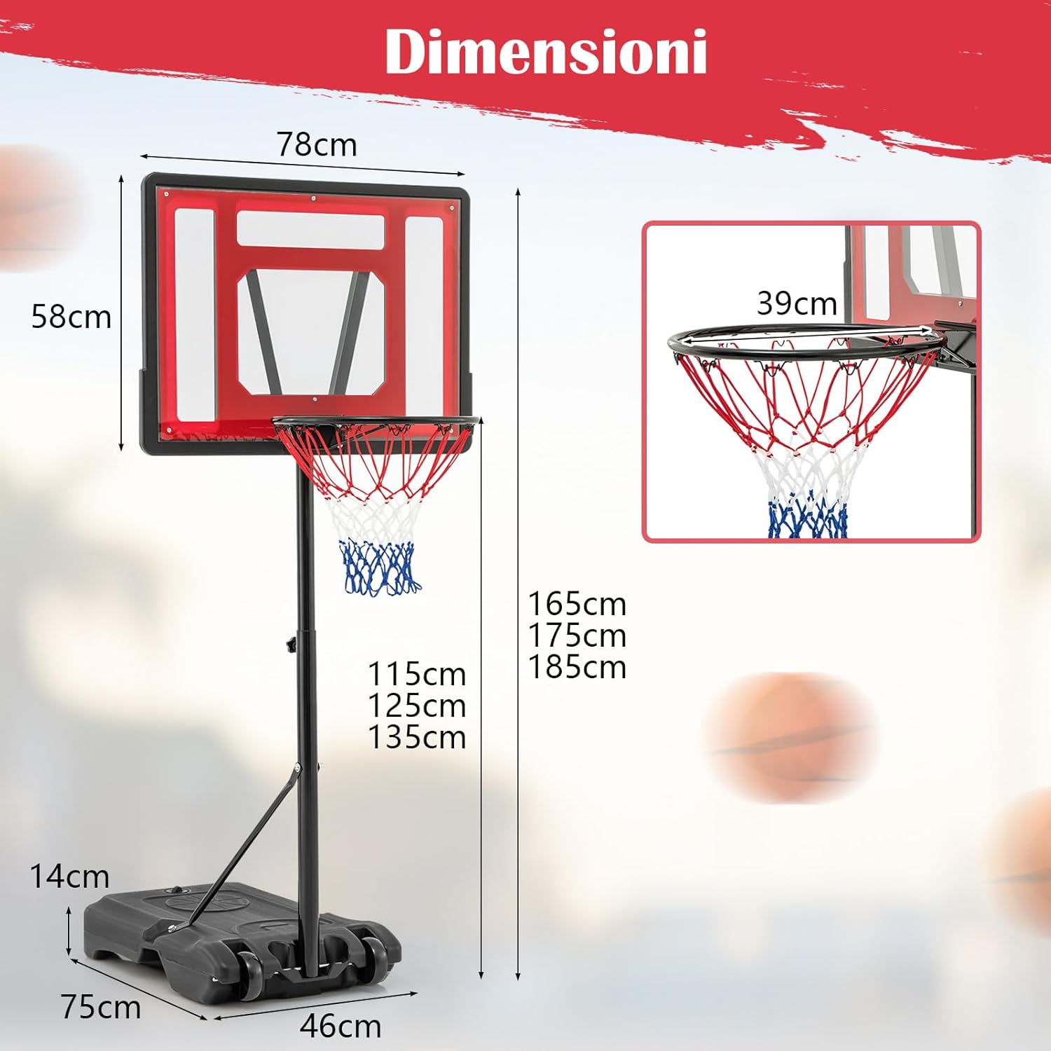 Canestro da Basket per Piscina, Regolabile in Altezza da 115-135 CM per Bambini e Adolescenti, Supporto da Basket Portatile con Ruote per Piscina e Interno