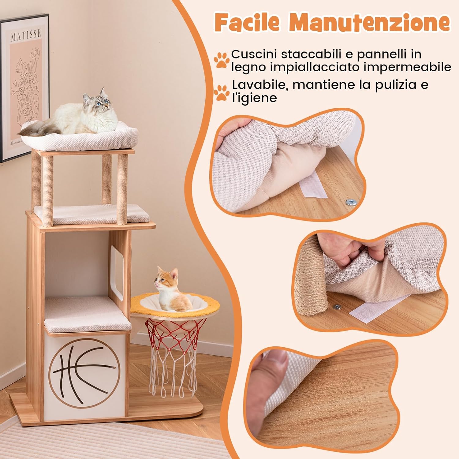 Tiragraffi in Legno 120cm, Torre con Graffiare in Sisal per Gatti a Tema Sportivo con 2 Piani, 2 Posatoi, Amaca e Cuscini Imbottiti, Mobile per Animali Domestici, Naturale