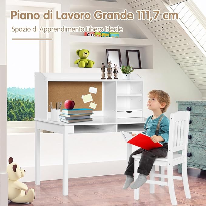 Set Scrivania e Sedia per Bambini 5-12 Anni, Tavolo in Materiale Sicuro con Bacheca in Sughero, 2 Cassetti e Spazio Ampio, Design Moderno, Ideale per Studio e Disegno (Bianco)