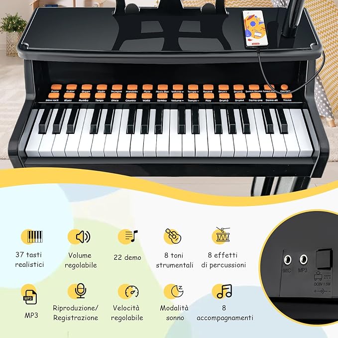 Set Pianoforte Elettrico per Bambini a 37 Tasti, Tastiera Digitale con Microfono Regolabile, Supporto per Spartiti Rimovibile, Funzioni di Record e Playback, per Bambini 3+ Anni (Nero)