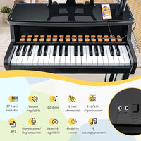 Set Pianoforte Elettrico per Bambini a 37 Tasti, Tastiera Digitale con Microfono Regolabile, Supporto per Spartiti Rimovibile, Funzioni di Record e Playback, per Bambini 3+ Anni (Nero)