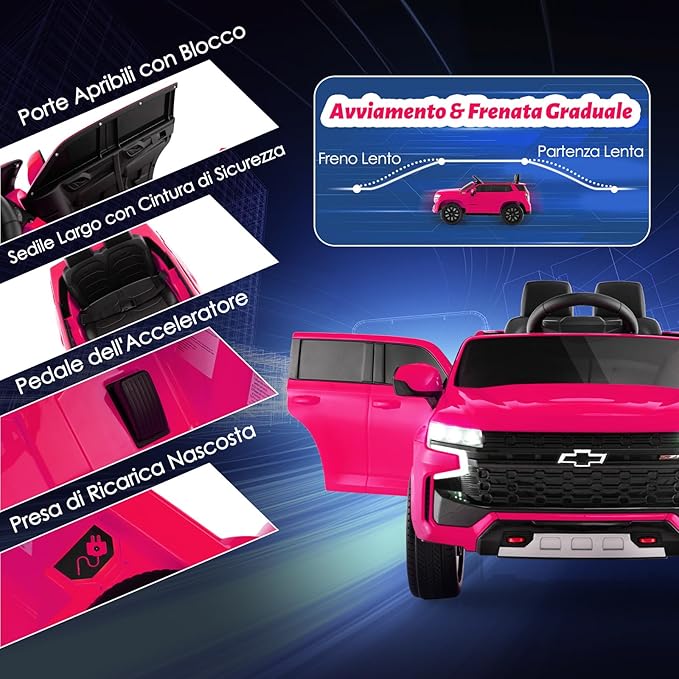 12V Macchina Elettrica per Bambini Chevrolet, SUV Elettrica con Telecomando Luci Luminose e Musica, 3-3,5 km/h, Ideale per Bambini di 3-6 Anni (Rosa)