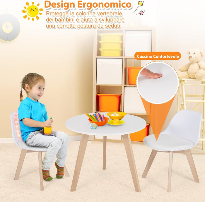 Set Tavolo e Sedie Bambini 3 Pezzi, Tavolino Rotondo per Bambini con 2 Sedie Imbottite, Mobili Cameretta per Bambini da 3 a 8 Anni