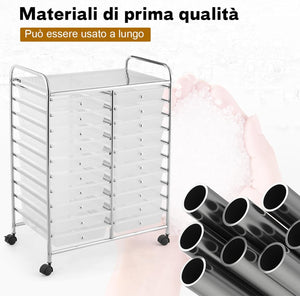 Carrello di Stoccaggio con 20 Cassetti, Carrello portaoggetti con 4 Ruote, Carrello Multiuso per Scuola Ufficio Cucina, 64 x 39 x 88 cm (Trasparente)
