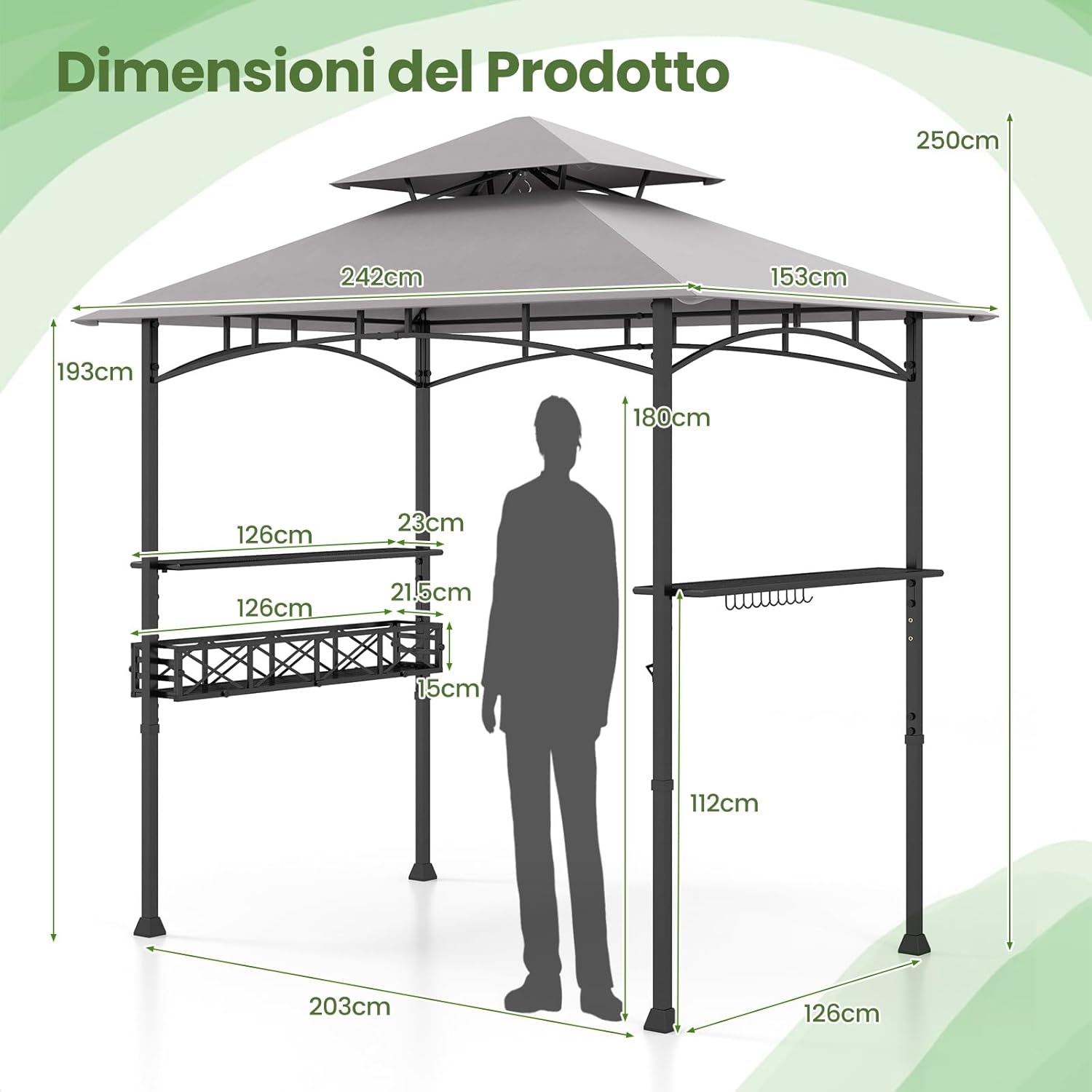 Gazebo per Barbecue, Pergola per BBQ con 2 Ripiani Laterali, Cestino, Ganci Appendiutensili, Apribottiglie, Copertura a 2 Livelli, per Giardino e Cortile, 242 x 153 x 250 cm (Grigio)