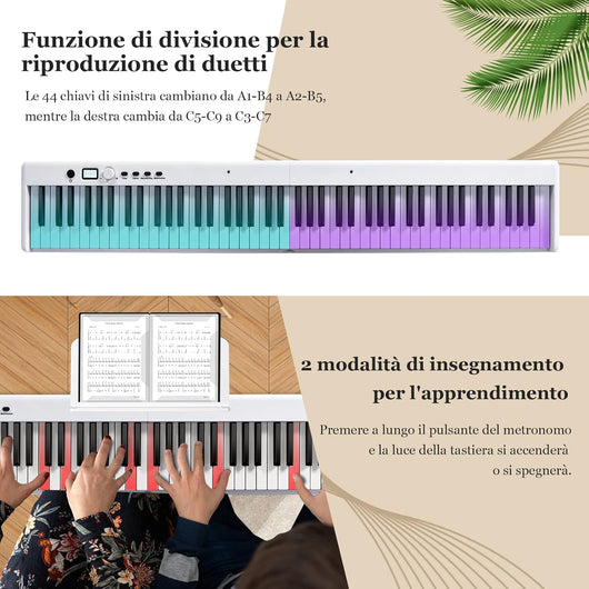 Tastiera Elettronica 88 Tasti Semi-Pesati Illuminati, Pianoforte Digitale Pieghevole Portatile con Custodia, Sustain Pedali, Modalità di Insegnamento, MP3/USB/MIDI/Bluetooth (Bianco)