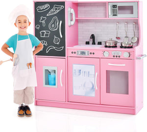 Set da Cucina per Bambini con Lavagna, Telefono, Microonde, Fabbricatore di Ghiaccio, Giocattolo da Cucina in Legno con Accessori e Suoni Simulati per Ragazzi di 3-6 Anni (Rosa)