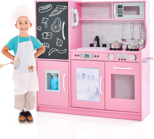 Set da Cucina per Bambini con Lavagna, Telefono, Microonde, Fabbricatore di Ghiaccio, Giocattolo da Cucina in Legno con Accessori e Suoni Simulati per Ragazzi di 3-6 Anni (Rosa)