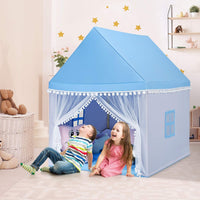 Tenda da Gioco Casetta per Bambini, Castello Giocattolo in Legno Cotone, con Struttura Stabile e Finestre Traspirabili, 105x120x140 cm (Azzurro)