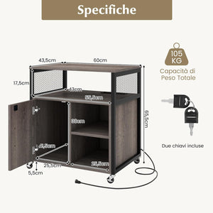 Armadietto per Archivio con Ruote, Mobile Per Documenti con 2 Scomparti, Ripiani Regolabili, Interfaccia USB e TYPE-C, per Soggiorno, Ufficio, Studio, 60 x 43,5 x 65,5 cm (Grigio)