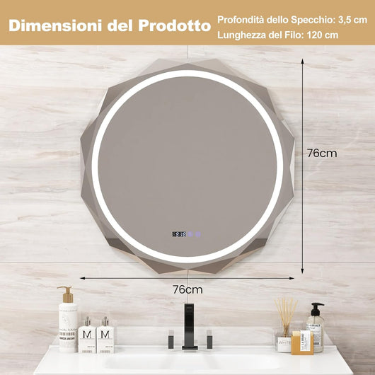 Specchio da Parete 76 x 76cm, Specchio Rotondo con Merletto con Temperatura di 3 Colori Continuamente Regolabili, Resistente agli Urti, Memoria, Lettura di Tempo e Temperatura