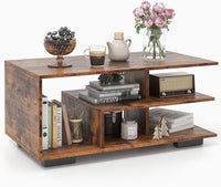 COSTWAY Tavolino da Caffè Rettangolare, Tavolo da Salotto Moderno con Mensola Centrale a Forma di L, Tavolino a 3 Livelli per Soggiorno, Sala di Ricevimento e Ufficio (Marrone)