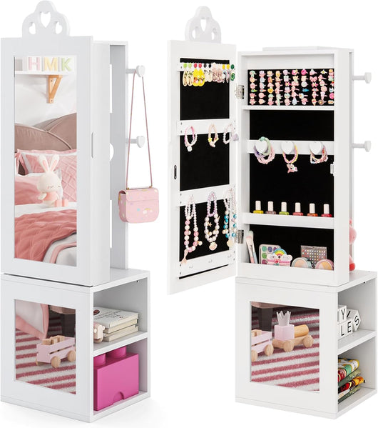 Armadio Portagioie per Bambini, Armadio Porta Abiti 3 in 1 con Specchio a Figura Intera e Appendiabiti, Armadio Organizzatore per Gioielli con Ganci e Ripiani Dietro per Cameretta (Bianco)