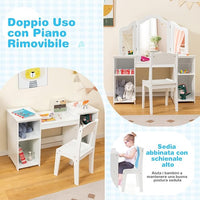 Toeletta Trucco 2 in 1 per Bambina, Specchiera Staccabile per Ragazza in Legno Robusto con 4 Scomparti, Sgabello e Specchio, Postazione Trucco per 3 Anni, 104 x 40 x 117 cm(Bianco)