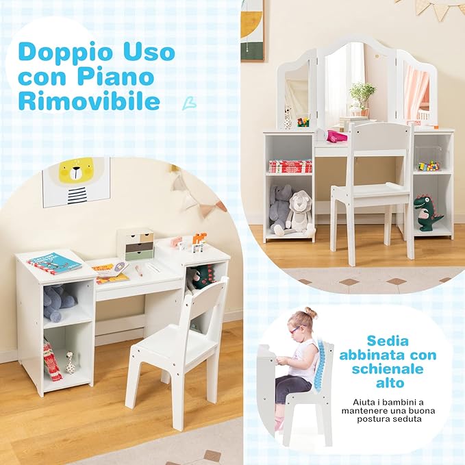 Toeletta Trucco 2 in 1 per Bambina, Specchiera Staccabile per Ragazza in Legno Robusto con 4 Scomparti, Sgabello e Specchio, Postazione Trucco per 3 Anni, 104 x 40 x 117 cm(Bianco)