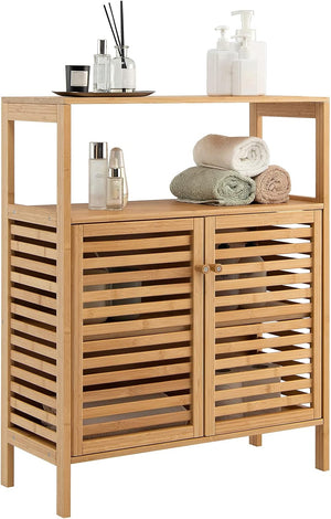 Mobile da Bagno in Bambù, Armadietto da Bagno con Ripiano Aperto e Doppie Porte, Ripiano Rimovibile, per Bagno, Soggiorno, Cucina, Ingresso, 64 x 27,5 x 80 cm