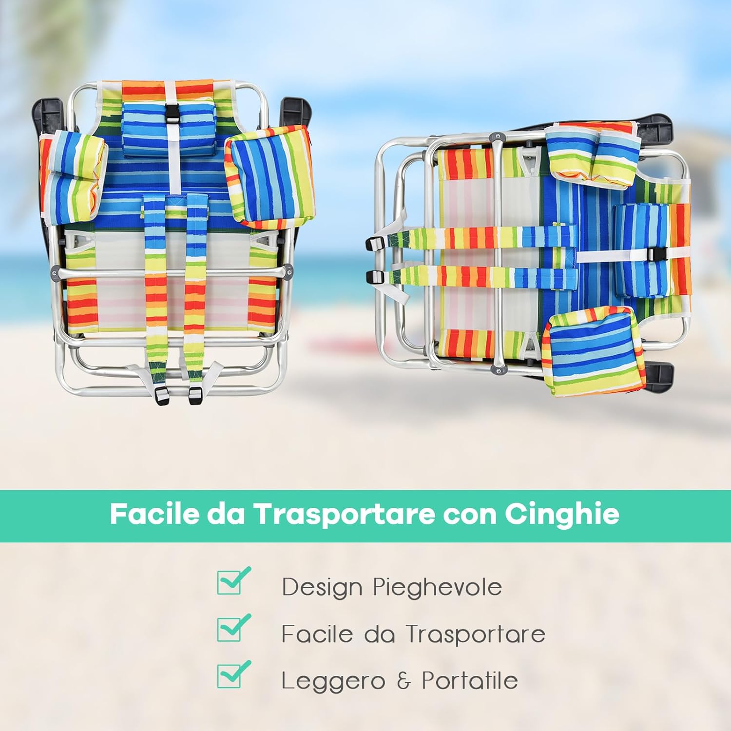 Set di Sedie da Spiaggia e Tavolino, Sedie da Esterno Reclinabili con Tavolino da Campeggio, Set di Tavolino in Alluminio e 2 Sedie Pieghevoli da Spiaggia a 5 Posizioni (Blu+Giallo)