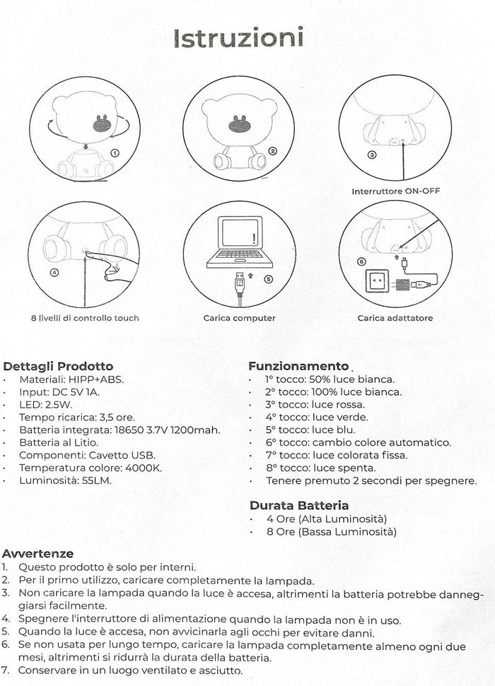 Lampada Touch Led Panda Regolabile Abat Jour Cameretta Comodino Bambini No Fili Ricarica Usb Bianco