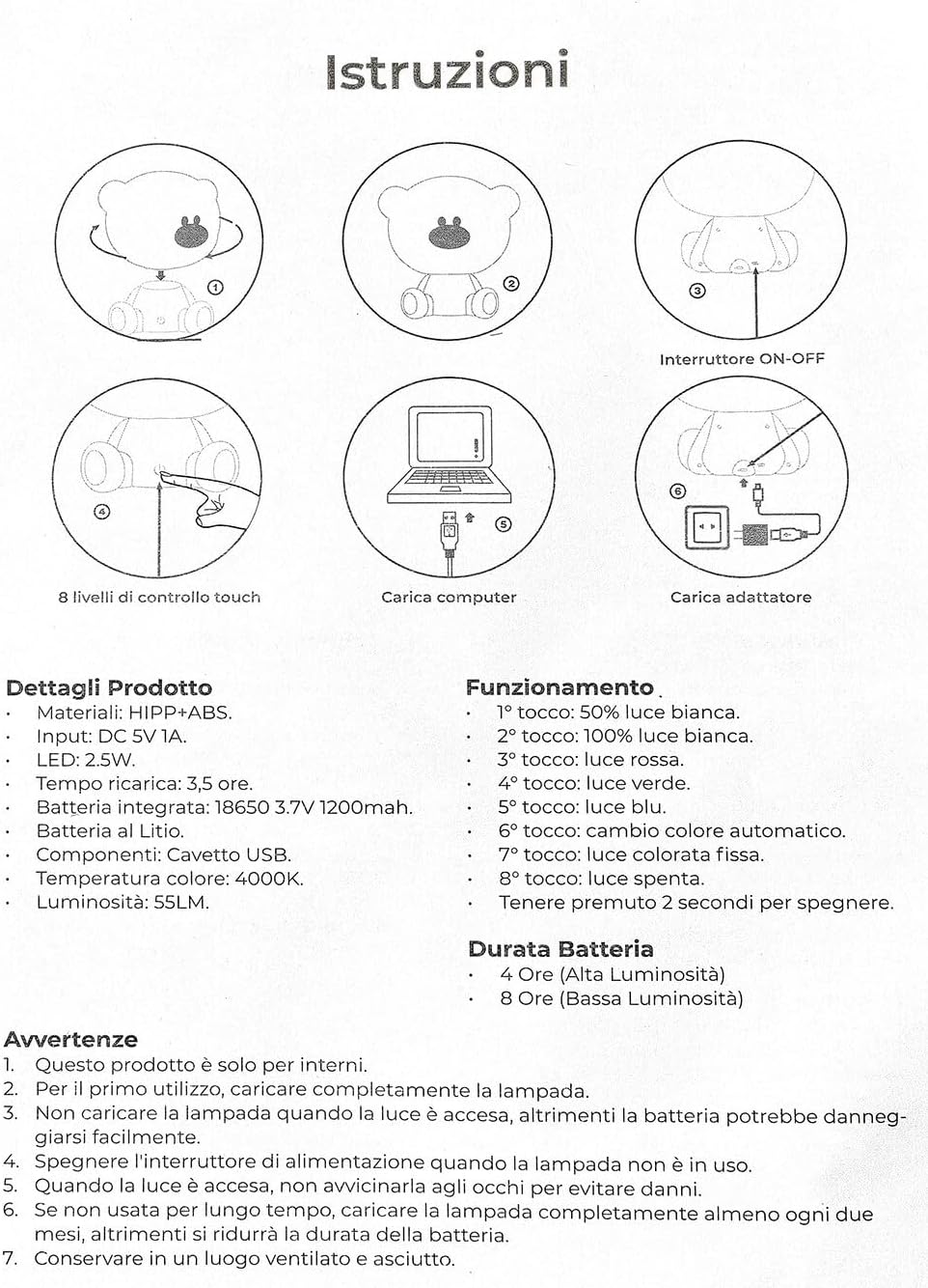 Lampada Touch Led Panda Regolabile Abat Jour Cameretta Comodino Bambini No Fili Ricarica Usb Bianco