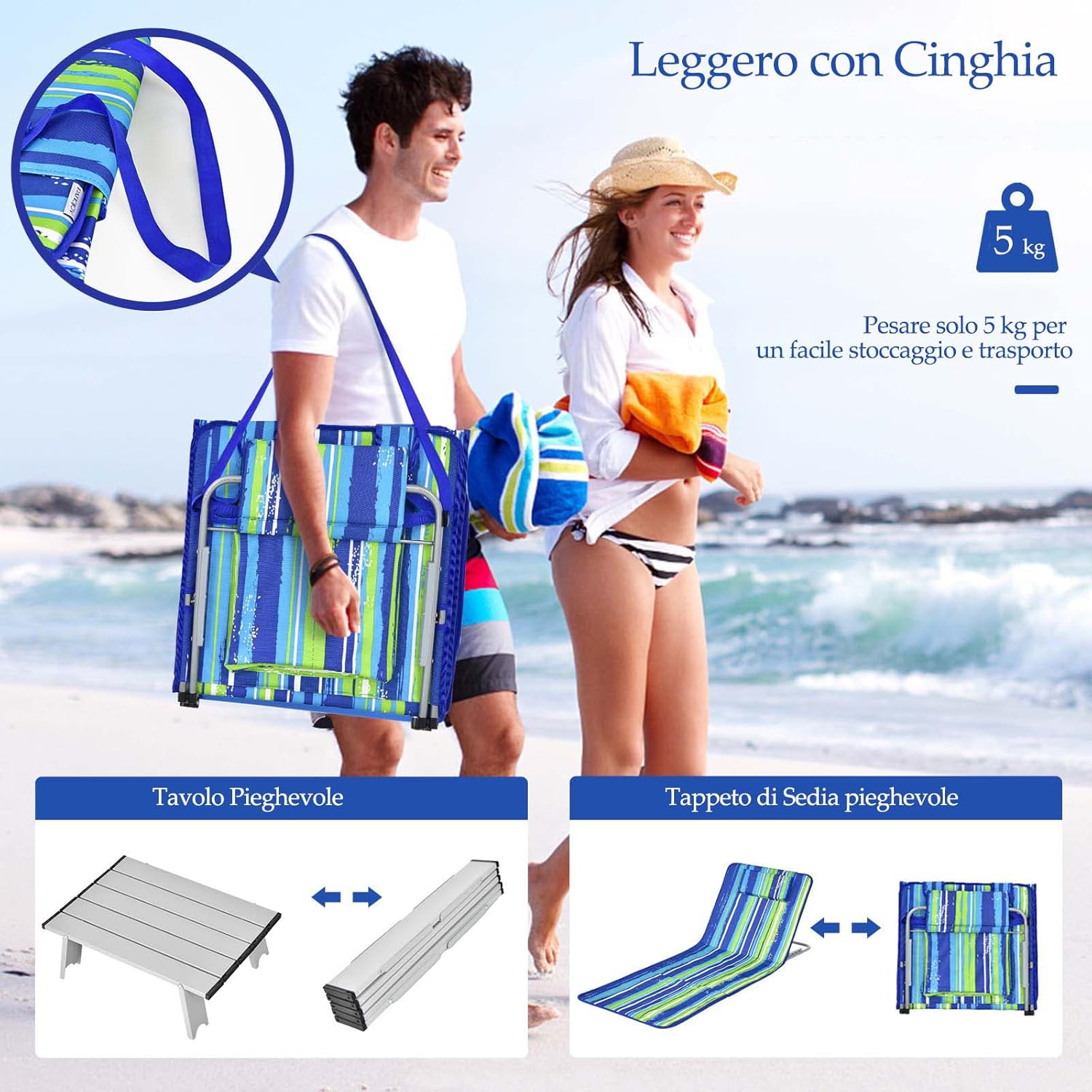 Tappettino da Spiaggia, Set di 2 Tappettini Spiaggia con Tavolino, Materassino Prendisole Pieghevole, Lettino da Spiaggia con Poggiatesta e Schienale Regolabile, Portabile con Tracolla