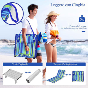 Tappettino da Spiaggia, Set di 2 Tappettini Spiaggia con Tavolino, Materassino Prendisole Pieghevole, Lettino da Spiaggia con Poggiatesta e Schienale Regolabile, Portabile con Tracolla