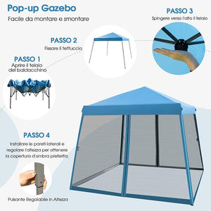 Gazebo Pop-up da Giardino 3 x 3 m, Tenda per Feste con Altezza Regolabile (237/255/246 cm), Gazebo Pieghevole da Esterno con Rete Impermeabile, per Campeggio, Giardino, Mercato (Blu)