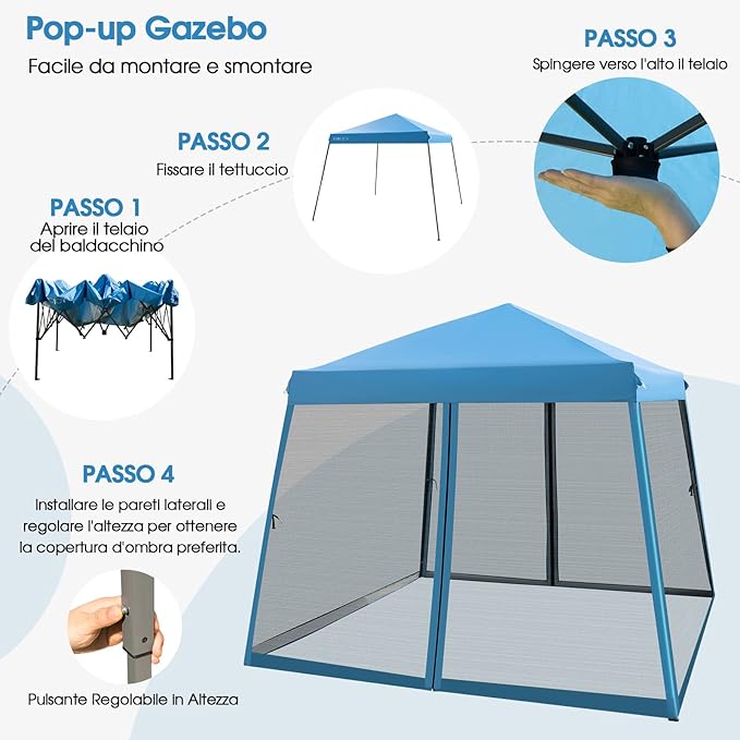 Gazebo Pop-up da Giardino 3 x 3 m, Tenda per Feste con Altezza Regolabile (237/255/246 cm), Gazebo Pieghevole da Esterno con Rete Impermeabile, per Campeggio, Giardino, Mercato (Blu)
