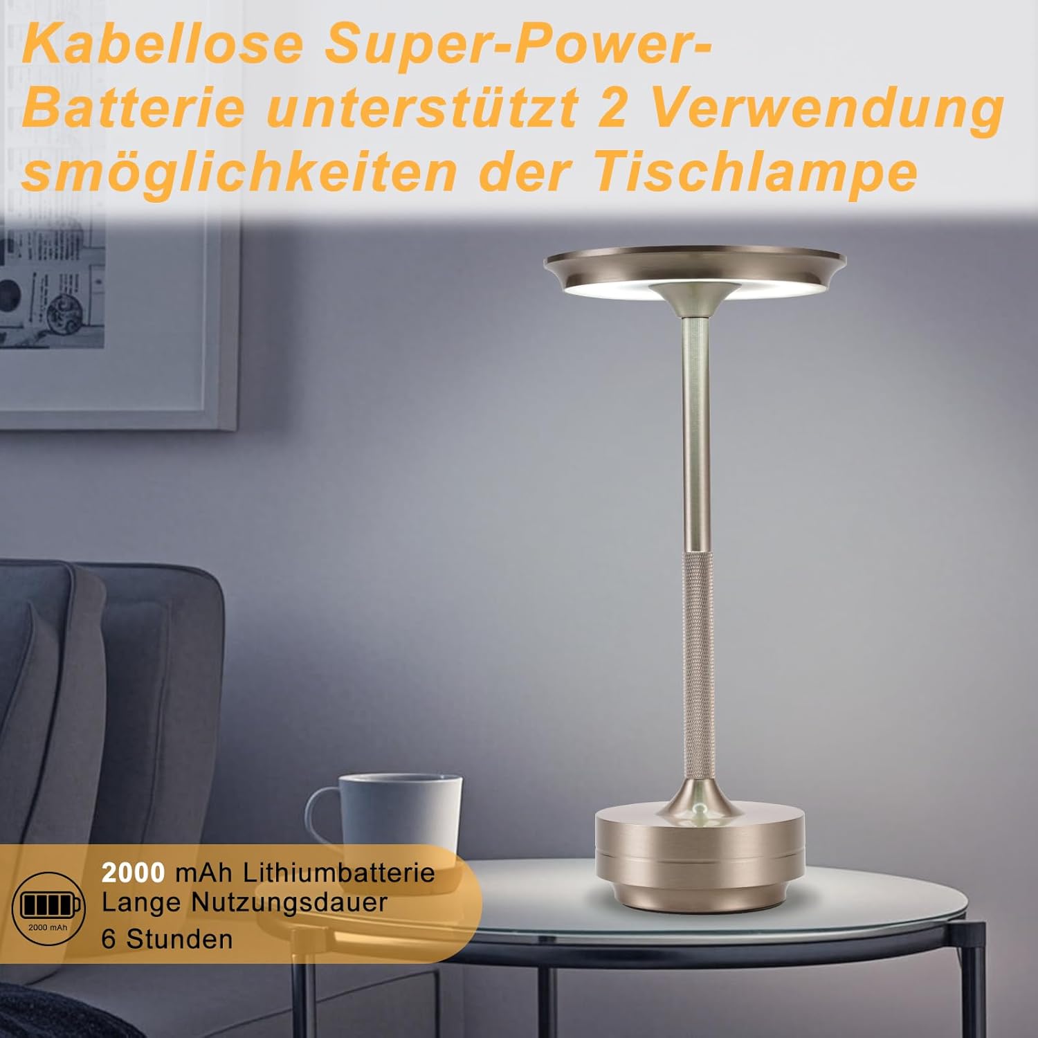 ZMH Lampada da tavolo wireless set 2 pezzi batteria touch dimmerabile USB ricaricabile per comodino camera letto