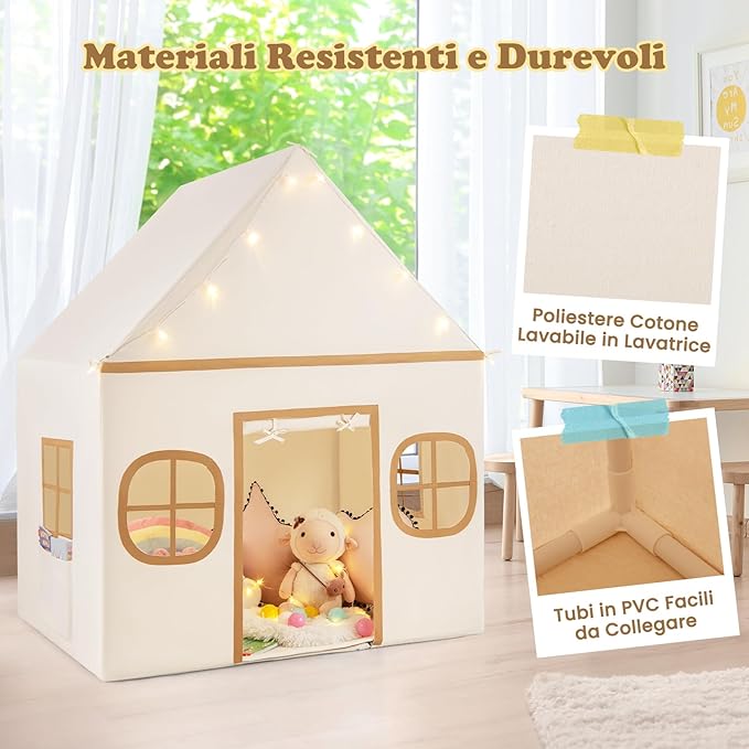 Tenda da Gioco per Bambini, con Tenda Porta e Finestre, Luci a Stella, Tappetino Antiscivolo, Casetta per Bambini e Bambine 3-10 Anni, 120 x 101 x 143 cm (Marrone)