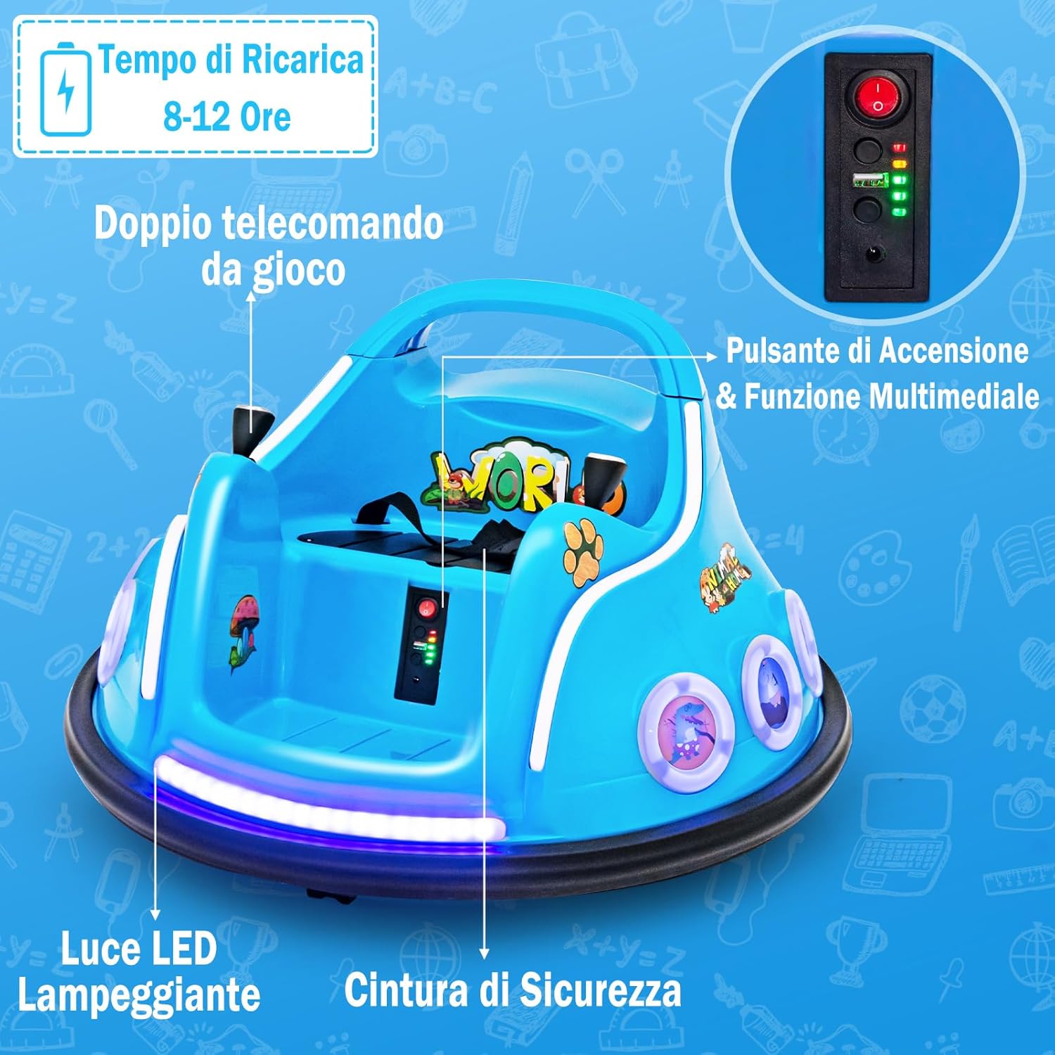 12V Autoscontro Elettrico per Bambini, Macchina Elettrica per Bambini con Design Girevole a 360° Telecomando Luci Musica, Macchina Cavalcabile per Bambini 37-96 Mesi (Blu)